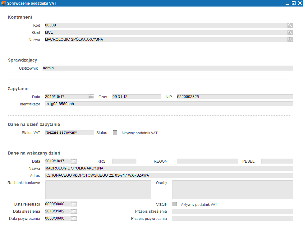 Szczegółowe dane podatnika, pobrane z białej listy, w systemie Merit.