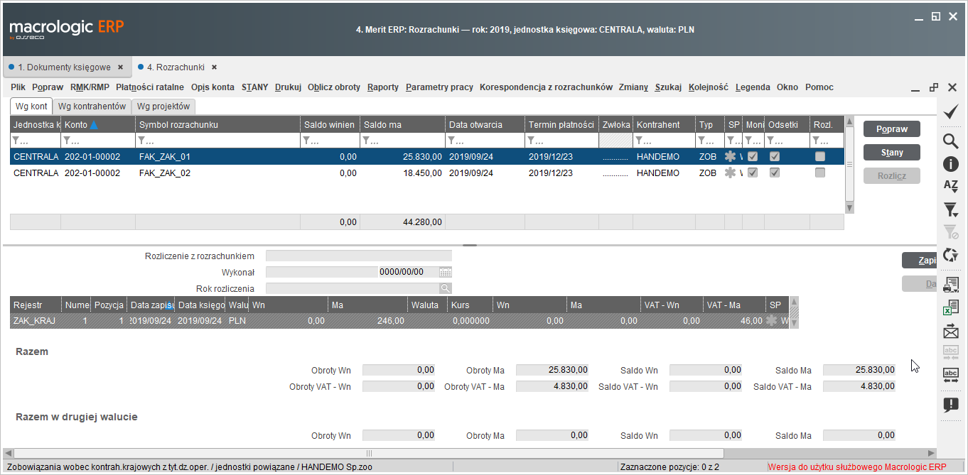 Przykładowe okno z rozrachunkami w Marit, które pojawiło się po kliknięciu linku w analizie BI. 