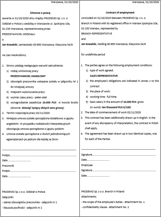 Przykładowy wydruk: umowa o pracę, przygotowana w dwóch językach
