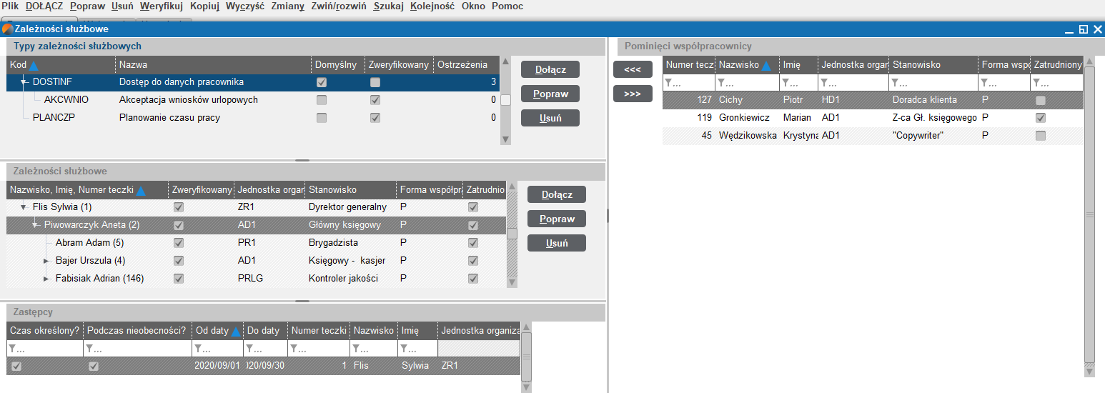 Na liście Pominięci współpracownicy są wyświetlane osoby, które do tej pory nie zostały umieszczone w strukturze zależności służbowych.